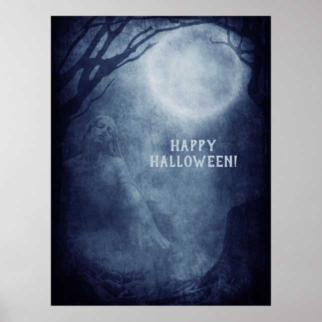 Spooky Halloween Ghost Full Moon på natten Poster (Framsidan)