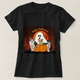 Spooky Halloween Ghost och Cats i Graveyard T Shirt