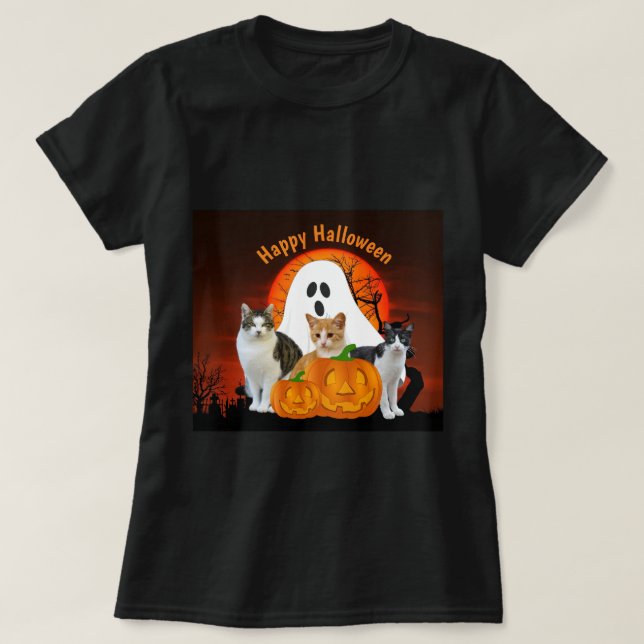 Spooky Halloween Ghost och Cats i Graveyard T Shirt (Design framsida)