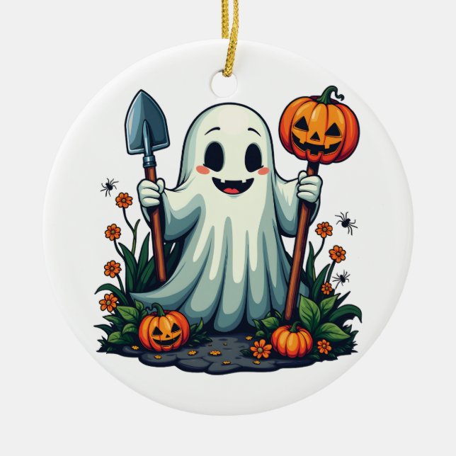 Spooky Halloween  Ghost Pumpkin Julgransprydnad Keramik (Framsidan)