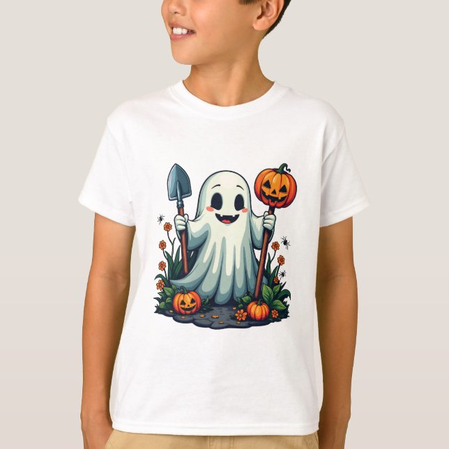 Spooky Halloween  Ghost Pumpkin T Shirt (Framsida)