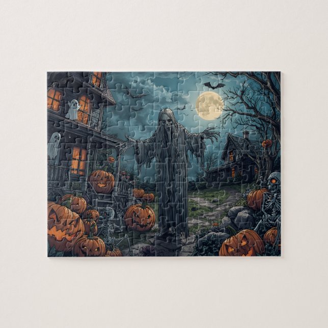 Spooky Halloween Ghost Pumpkins Full Moon Pussel (Horisontell)