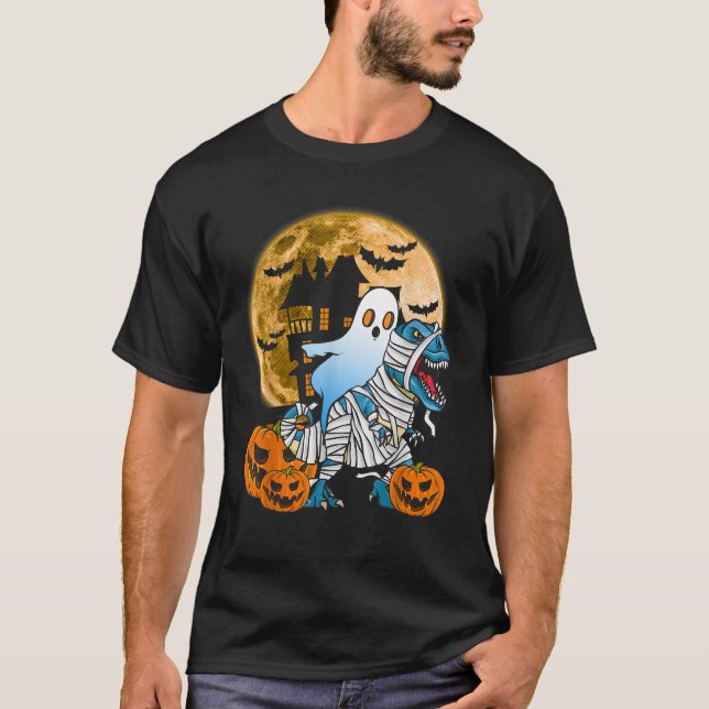 Spooky Halloween Ghost Riding Dinosaur Haunted Hou T Shirt (Framsida)