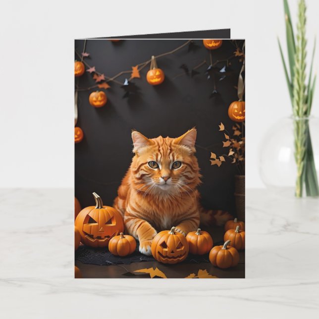 Spooky Halloween Ginger Cat och Pumpkins Helgdag Kort (Framsida)
