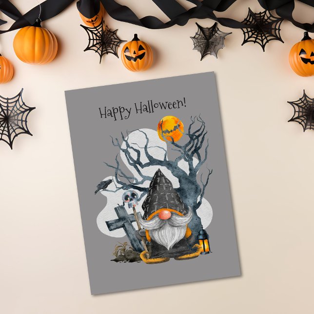 Spooky Halloween Gnome Julkort (Creepy Gnome Skull & Shadows Halloween Holiday Card)
