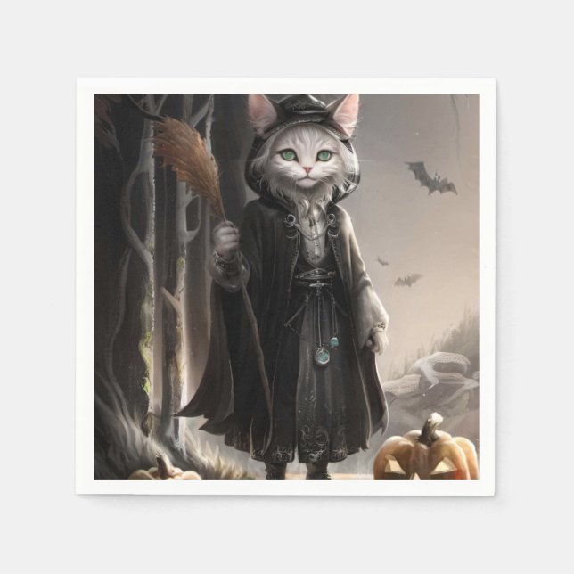 Spooky Halloween Gothic Cat in Misty Forest Design Pappersservett (Framsidan)