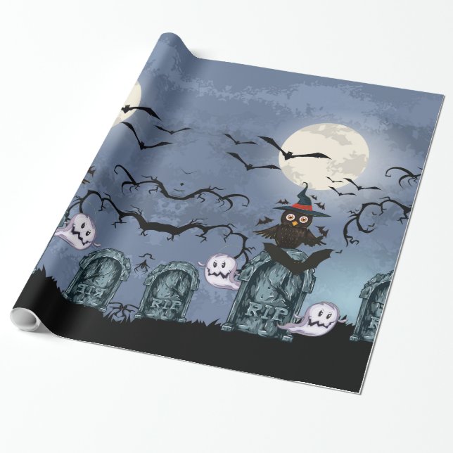Spooky Halloween-graveyard med Uggla i Måne Presentpapper (Utrullad)