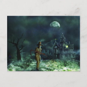 Spooky Halloween Grim Reaper and Haunted House Vykort
