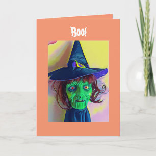 Spooky Halloween Grönt Witch Ansikte Greeting Card Kort