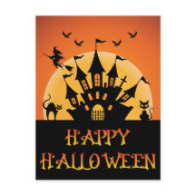 Spooky Halloween Haunted House Cat Witch Fladdermu