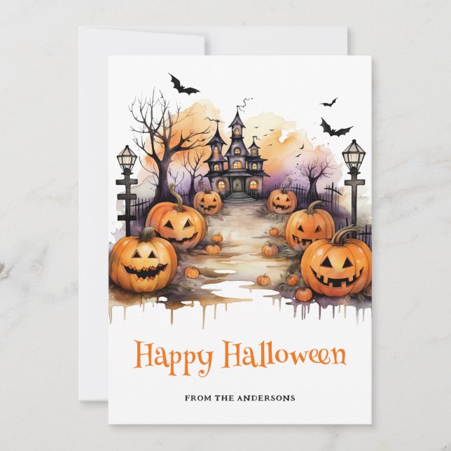 Spooky Halloween Haunted House Pumpkins Card Julkort (Framsida)