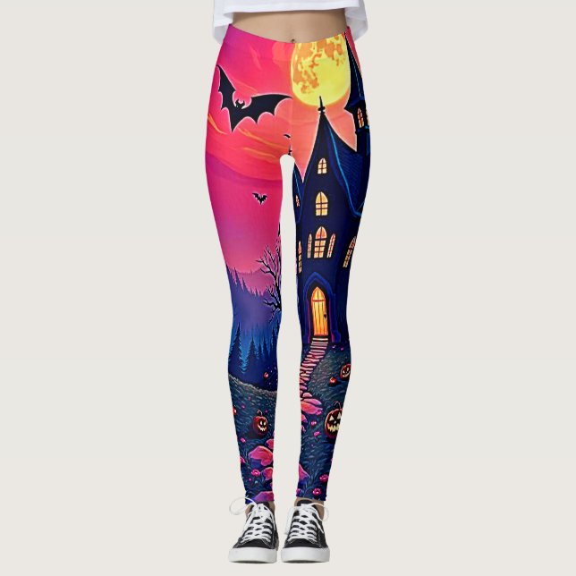 Spooky Halloween Haunted Mansion Art Leggings (Framsida)