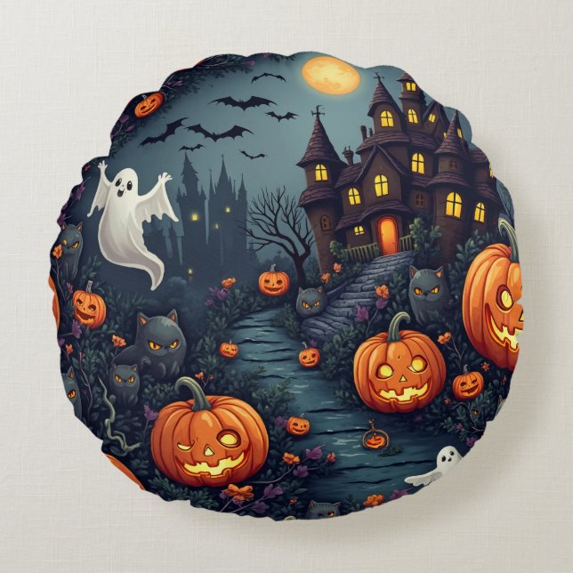 Spooky Halloween Haunted Night Round Dekorativ kud Rund Kudde (Framsidan)