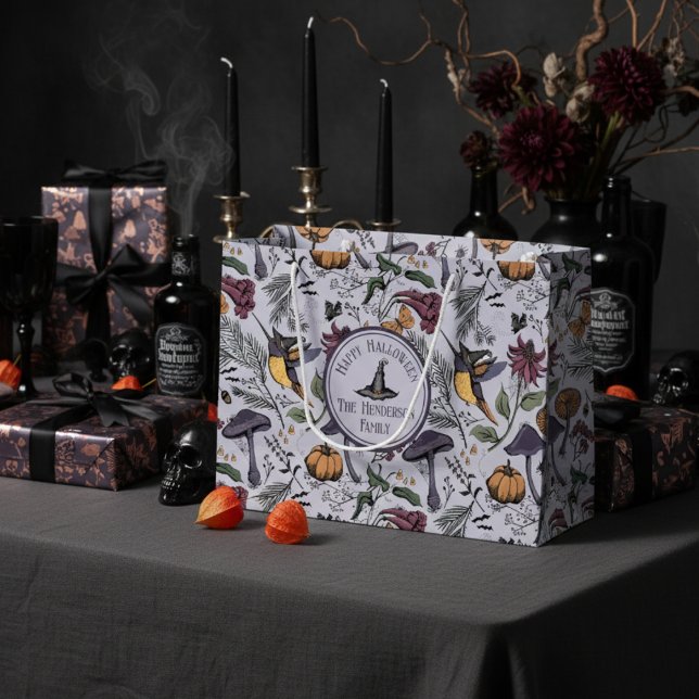 Spooky Halloween Hummingbird Garden Lila (Spooky Hummingbird & Flowers Fall Pattern Halloween Gift Bag. Hummingbird with Witch Hat, Pumpkins)