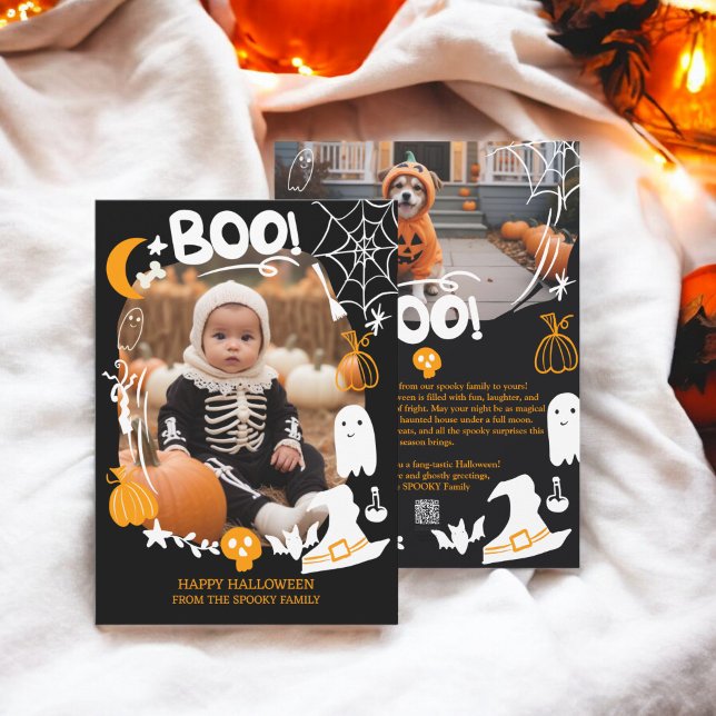 Spooky Halloween-illustrationer söta Boo 2-foton Julkort (Spooky Halloween illustrations cute Boo 2 photos Holiday Card)