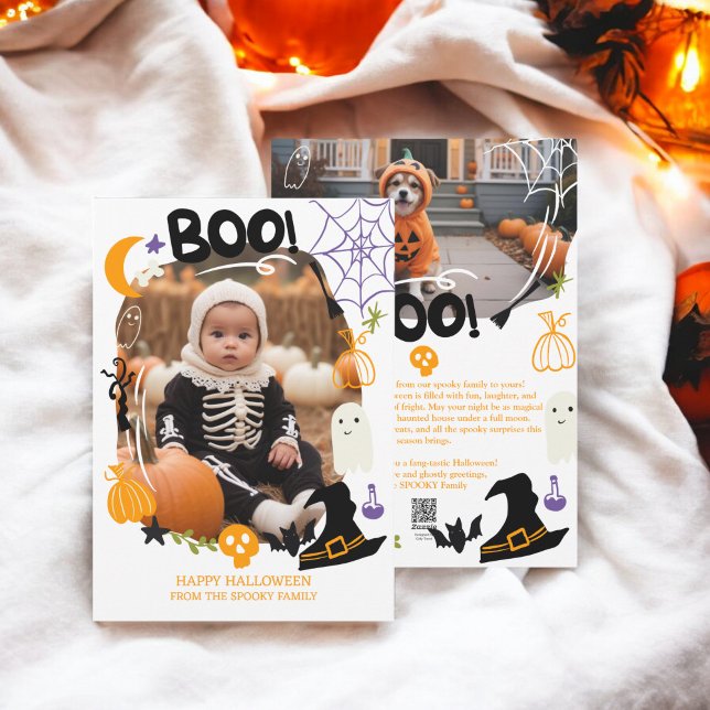Spooky Halloween-illustrationer söta Boo 2-foton Julkort (Spooky Halloween illustrations cute Boo 2 photos Holiday Card)