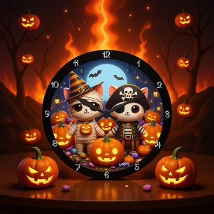 Spooky Halloween Kittens och Pumpkins Stor Klocka