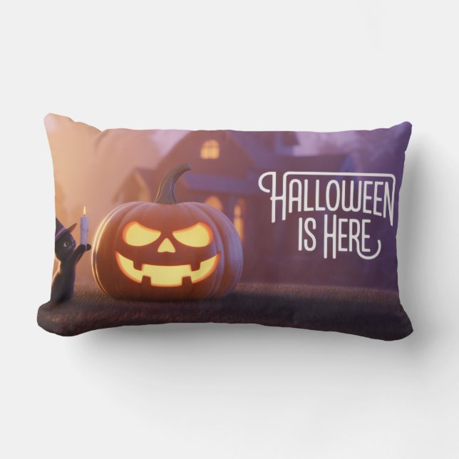 Spooky Halloween Magic Cute Cats & Glowing Pumpkin Lumbarkudde (Framsida)