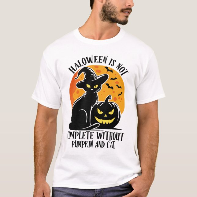 Spooky Halloween med Witchy Black Cat och Pumpkin T Shirt (Framsida)