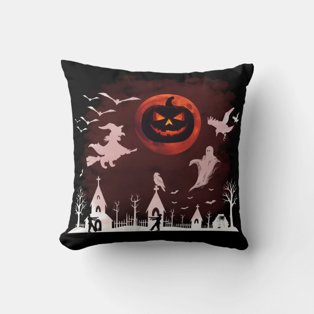 Spooky Halloween Night Full Moon Pumpkin Scene Kudde (Framsida)