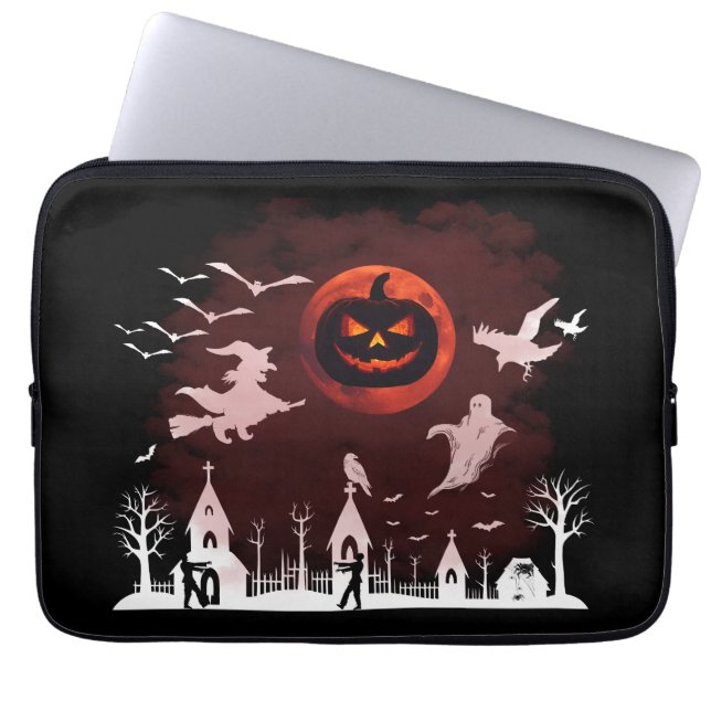 Spooky Halloween Night Full Moon Pumpkin Scene Laptop Fodral (Framsidan)