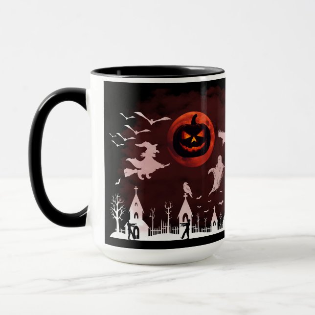 Spooky Halloween Night Full Moon Pumpkin Scene Mugg (Vänster)