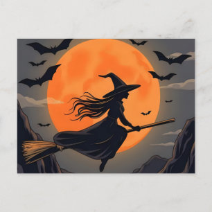 Spooky Halloween Orange Måne Witch Flygande Helg Vykort