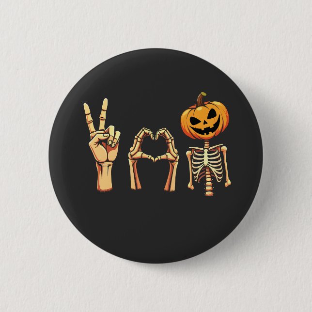 Spooky Halloween Peace Älskare Pumpkin Skeleton Knapp (Framsida)