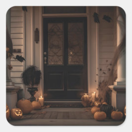 Spooky Halloween Porch Decor with Jack-o'-Lanterns Fyrkantigt Klistermärke