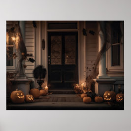 Spooky Halloween Porch Decor with Jack-o'-Lanterns Poster