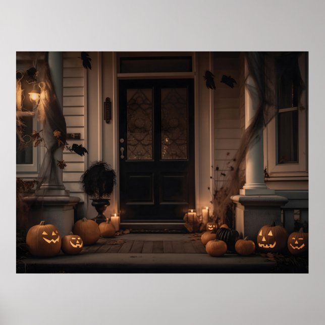 Spooky Halloween Porch Decor with Jack-o'-Lanterns Poster (Framsidan)
