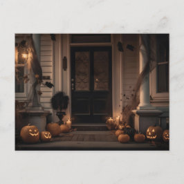 Spooky Halloween Porch Decor with Jack-o'-Lanterns Vykort