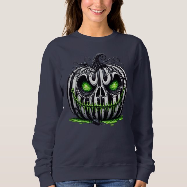 Spooky Halloween Pumpkin Black and White Skeleton T Shirt (Framsida)