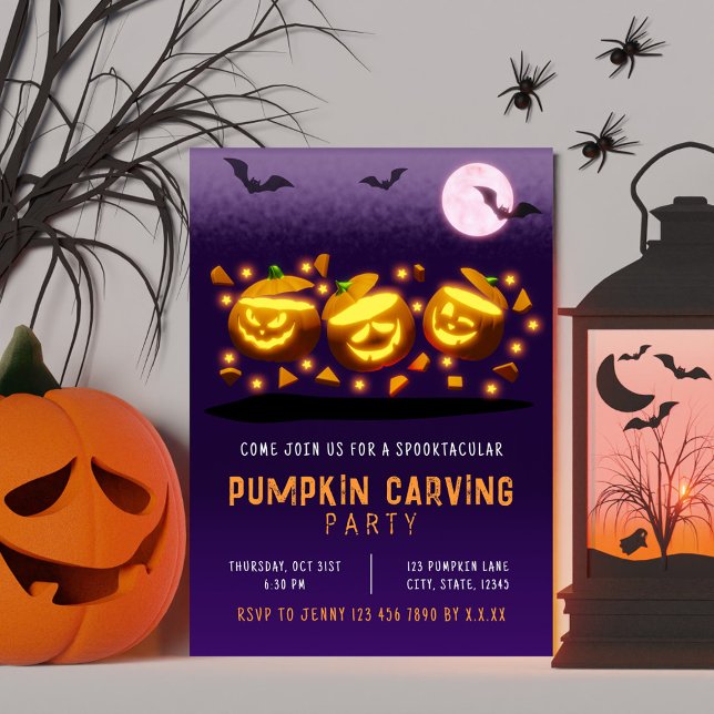 Spooky Halloween Pumpkin Carving Orange & Lila Inbjudningar (Spooky Halloween Pumpkin Carving Orange & Purple Invitation)