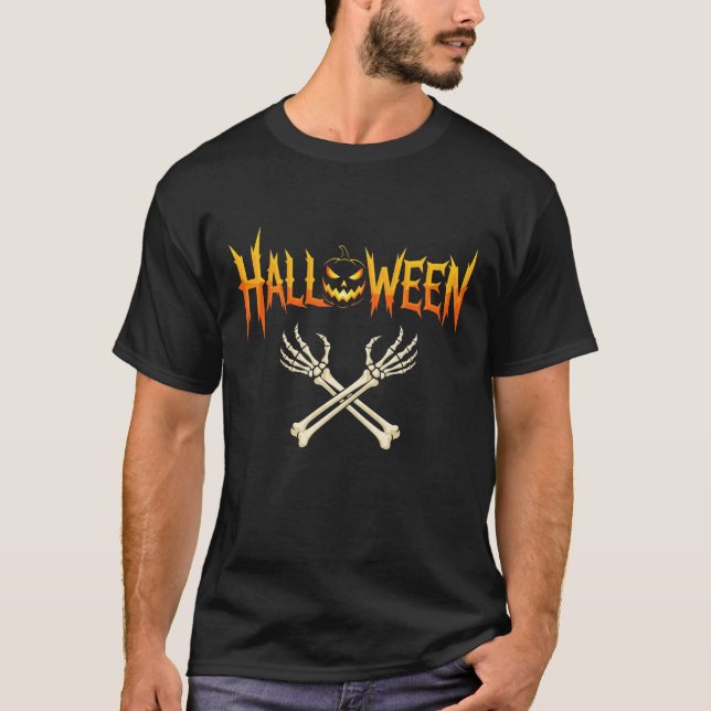 Spooky Halloween Pumpkin Crossed Skeleton Bones T Shirt (Framsida)