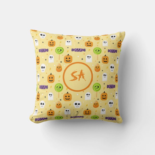 Spooky Halloween Pumpkin Ghost Skull Candies Stars Kudde (Framsida)