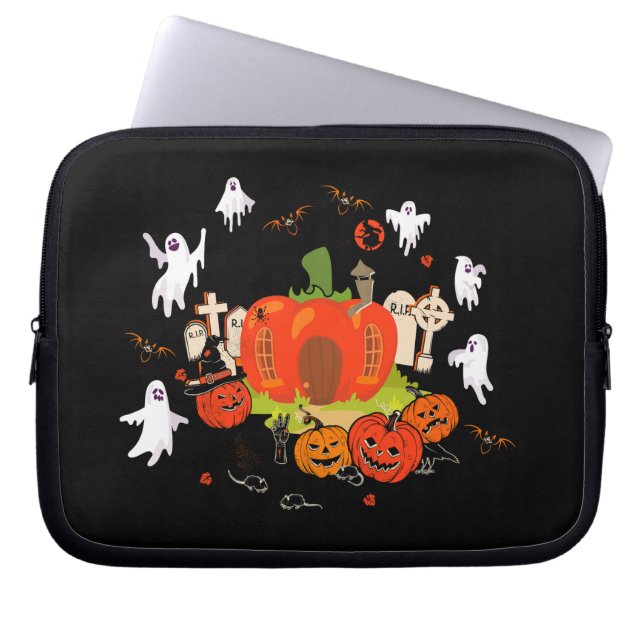 Spooky Halloween Pumpkin Graveyard Scene Laptop Fodral (Framsidan)