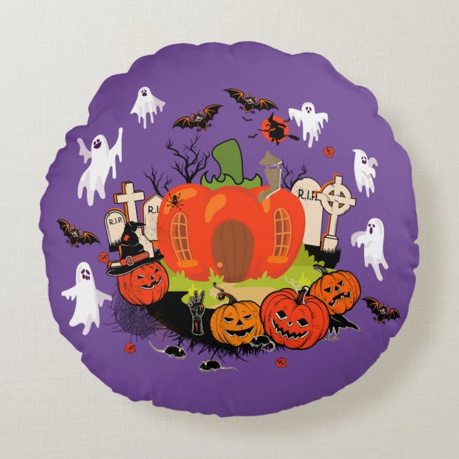 Spooky Halloween Pumpkin Graveyard Scene Rund Kudde (Framsidan)
