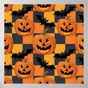 Spooky Halloween Pumpkin och Fladdermus Mönster Poster