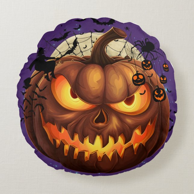 Spooky Halloween Pumpkin Round Throw Cushion 🎃 Rund Kudde (Framsidan)