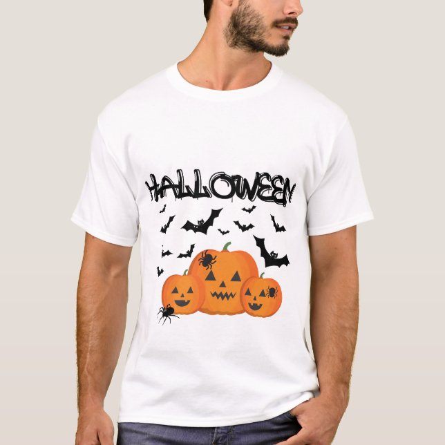 Spooky Halloween Pumpkins & Bats T-Shirt (Framsida)