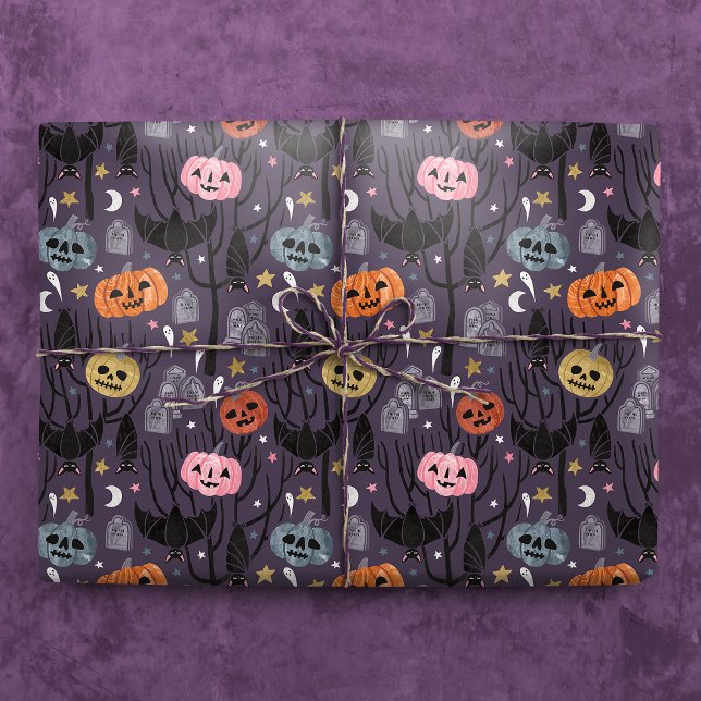 Spooky Halloween Pumpkins, Fladdermus och Gravsten Presentpapper (Gift Mockup)