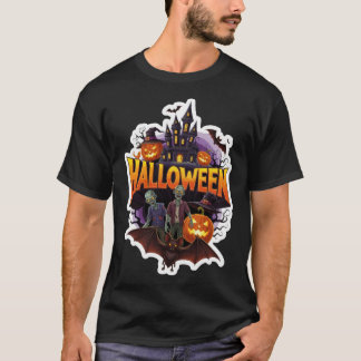 Spooky Halloween scene with zombies castle and pum T Shirt