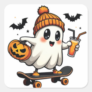 Spooky Halloween Skating Pumpkin Spice Ghost Fall Fyrkantigt Klistermärke