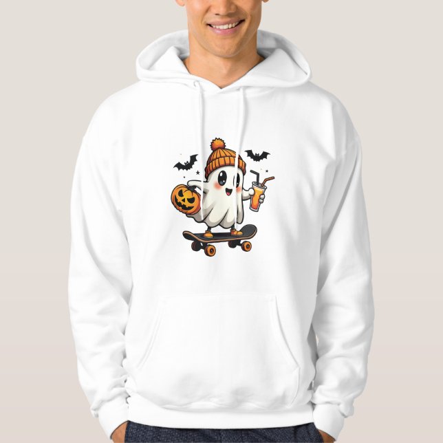 Spooky Halloween Skating Pumpkin Spice Ghost Fall Hoodie (Framsida)