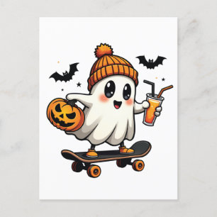 Spooky Halloween Skating Pumpkin Spice Ghost Fall Inbjudan Vykort