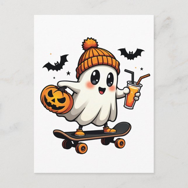 Spooky Halloween Skating Pumpkin Spice Ghost Fall Inbjudan Vykort (Framsida)