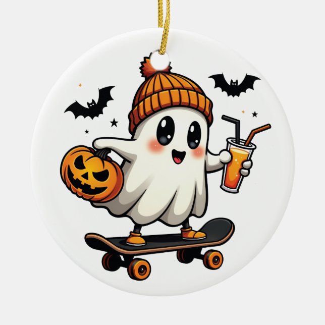 Spooky Halloween Skating Pumpkin Spice Ghost Fall Julgransprydnad Keramik (Framsidan)