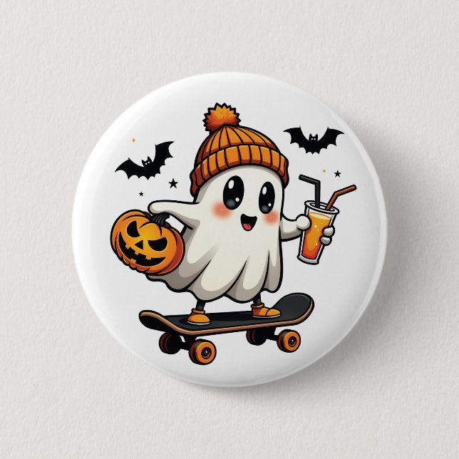 Spooky Halloween Skating Pumpkin Spice Ghost Fall Knapp (Framsida)