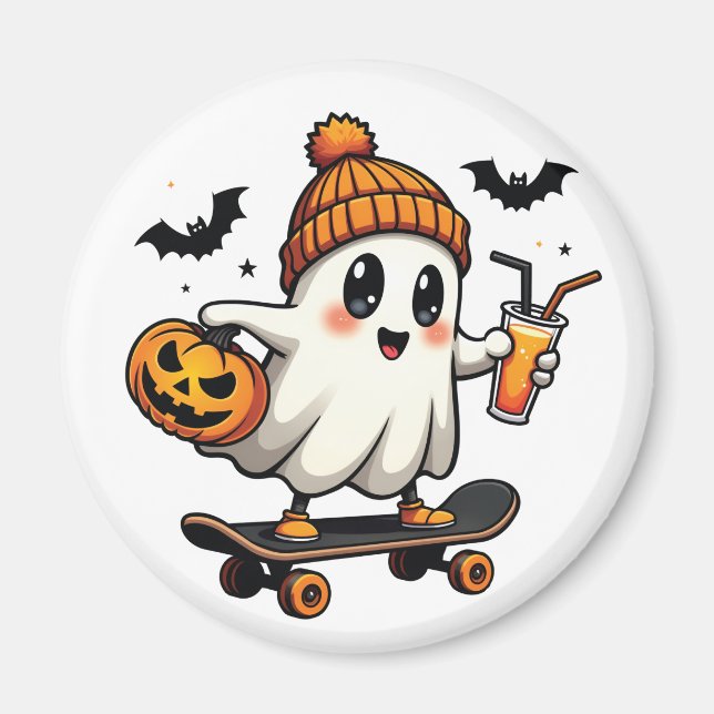Spooky Halloween Skating Pumpkin Spice Ghost Fall Magnet (Framsidan)